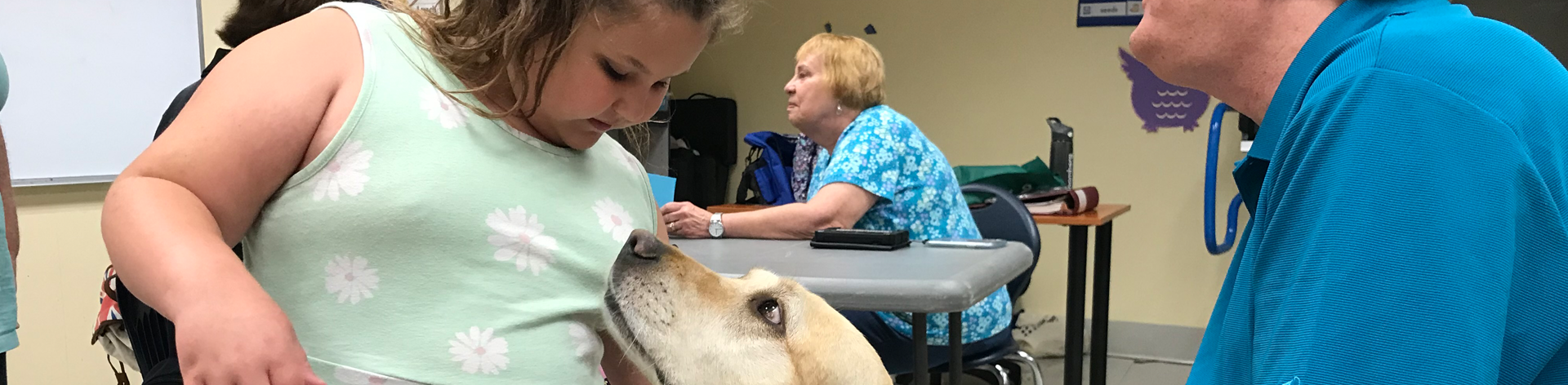 A young blind girl says hello to an off-duty guide dog. 